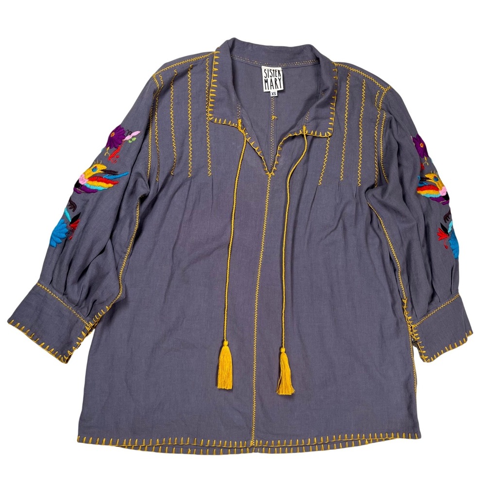 Sister Mary Tunic Top Women XS Gray Embroidered Bird Tassel Boho Blouse Festival